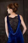 A blue draped back tango dress velvet