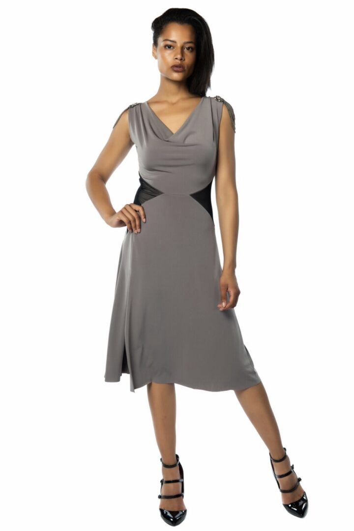 A grey verona tango dress draped neckline