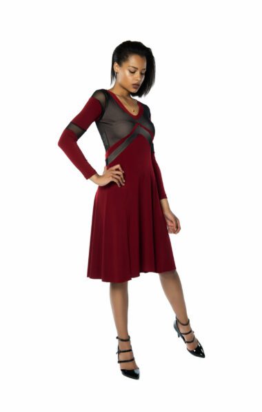 A dark red v tango dress with long sleeves