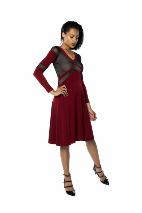 A dark red v tango dress with long sleeves