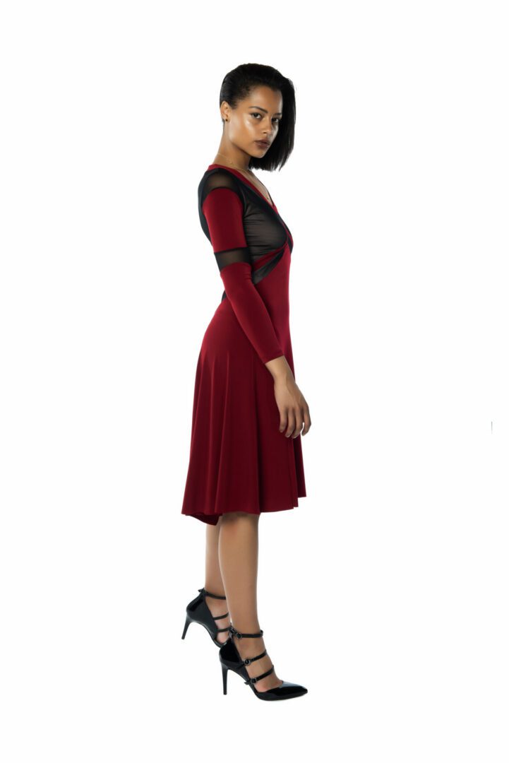 A red v tango dress with long sleeves