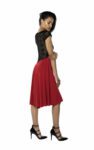 A side view of a red roma tango dress