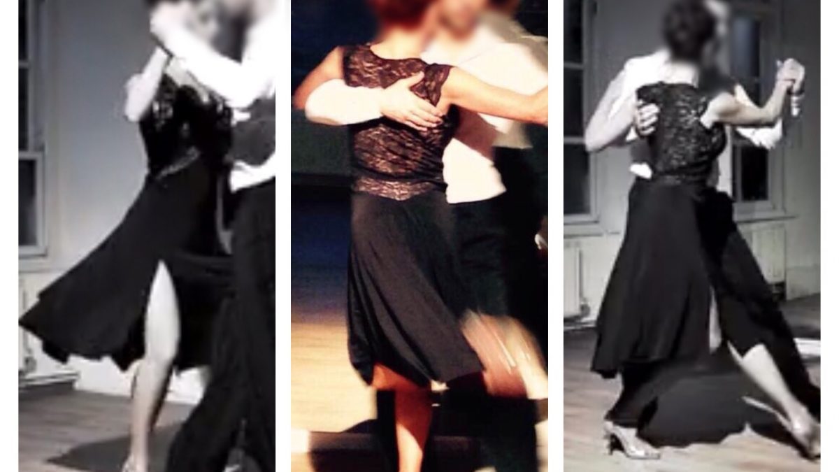 Four pictures of a couple dancing a tango.