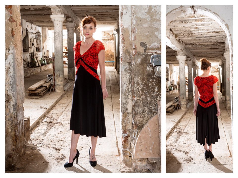 Two pictures of a woman in a red and black dress.