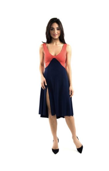 A tango dress in navy blue and coral