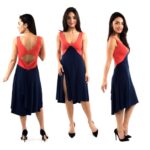 A tango dress in navy blue and coral from all angles