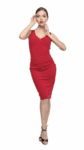 A woman in a red dress and black heels front view