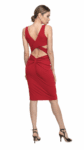 A woman in a red dress showing her back