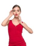 Magnified image of model in red knot tango dress
