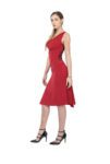 A full body image of a red tango dress with intricate designs
