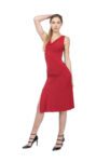 An ankle length red dress with front cut
