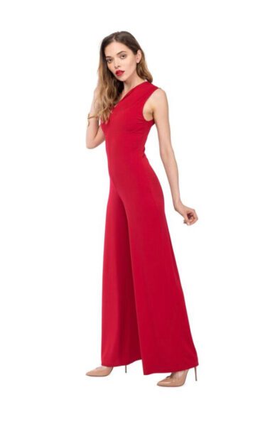 Side view of Model wearing a Red dance tango jumpsuit