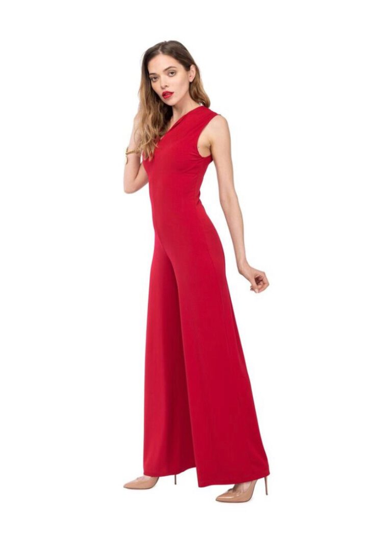 Side view of Model wearing a Red dance tango jumpsuit