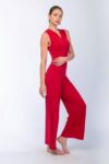 Model posing in red dance tango jumpsuit