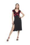 A beautiful v tango dress with a red and black devore