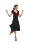 A unique v tango dress with a red and black devore