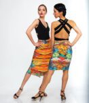 Two variations of mermaid tango skirts in mosaic print