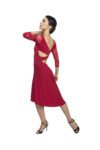 A ballerina pose wearing a red dress
