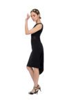 Woman strikes a pose wearing a sleeveless tango dress