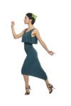 A model running while wearing a london tango dress